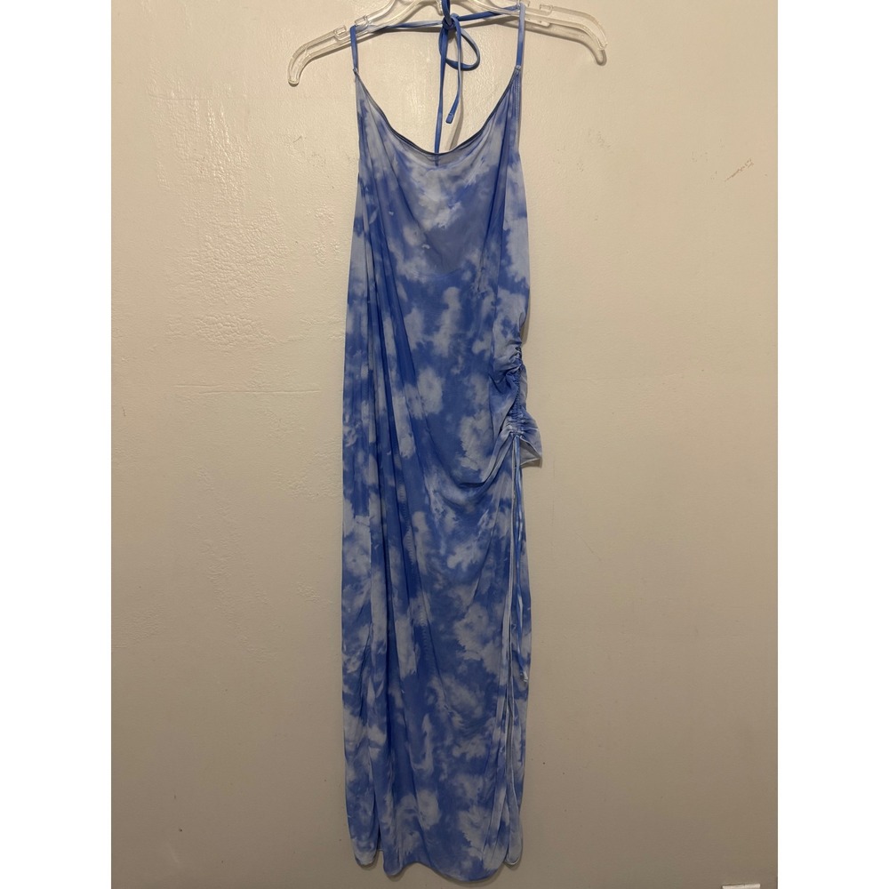 Blue Tie‎ Dye Mesh Halter Maxi Dress Ruched Side Slit Cloud Print Medium